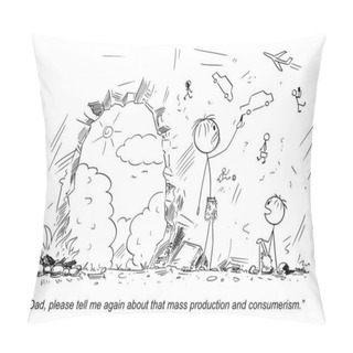 Personality  In A Cave Father Tells Child About Collapsed Civilization , Vector Gag Cartoon Stick Figure Or Character Illustration. Pillow Covers