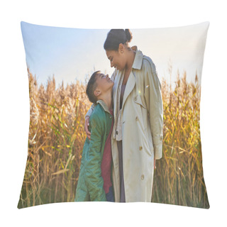 Personality  Motherly Love, African American Mother In Autumnal Clothes Embracing Son, Fall Season, Outerwear Pillow Covers