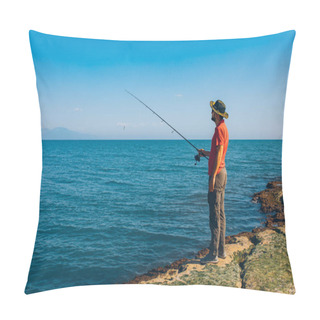 Personality  Fisherman Standing And Throw A Fishing Rod While Fishing At The Sea In The Summer Season. This Fisherman On The Rocks And Seashore. Fishing Under The Clean Blue Sky And Ocean Pillow Covers