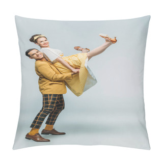 Personality  Stylish Dancer Holding Happy Girl While Dancing Boogie-woogie On Grey Background Pillow Covers