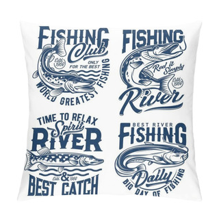 Personality  Fishing Club, Fishes T Shirt Prints, Fisher Club Vector Emblems And Water Waves Icons. River Fishing For Pike And Catfish On Rod Hooks, Fishery Sport And Big Catch Quotes For T-shirt Prints Pillow Covers