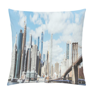 Personality  MANHATTAN, NEW YORK, USA - OCTOBER 8, 2018: Panoramic View Of Manhattan And Brooklyn Bridge In New York, Usa Pillow Covers
