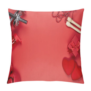 Personality  Dumbbells, Boxing Gloves, Rope, Bottle For Water, Gift Box And Two Red Hearts On A Red Background.Top View With Copy Space. Valentine's Day Card. Fitness, Sport And Healthy Lifestyle Concept. Pillow Covers