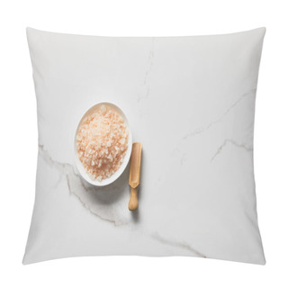 Personality  Top View Of Sea Salt In Bowl Near Wooden Spatula On Marble Table Pillow Covers