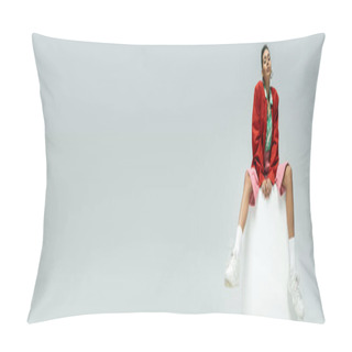 Personality  Beautiful African American Woman In Stylish Outfit Sitting On Cube On Grey Backdrop, Banner Pillow Covers