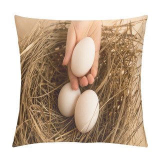 Personality  Closeup Shot Of Hand Picking White Egg From Nest Pillow Covers