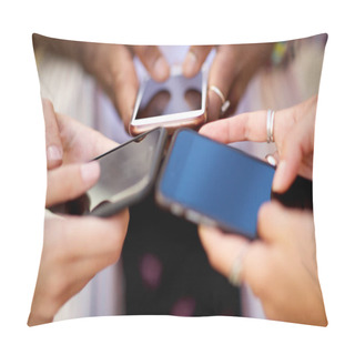 Personality  Close Up Group Of Young Women Hands Holding Mobile Phones Pillow Covers