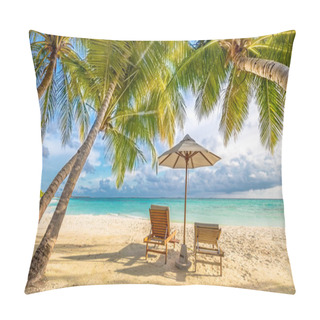 Personality  Beautiful Tropical Sunset Scenery, Two Sun Beds, Loungers, Umbrella Under Palm Tree. White Sand, Sea View With Horizon, Colorful Twilight Sky, Calmness And Relaxation. Inspirational Beach Resort Hotel Pillow Covers