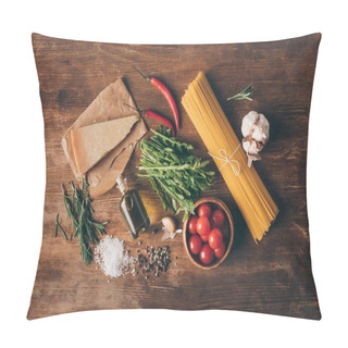 Personality  Top View Of Traditional Row Pasta And Fresh Ingredients On Wooden Tabletop Pillow Covers
