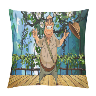 Personality  Cartoon Cheerful Male Traveler Stands On A Wooden Bridge In The Jungle Pillow Covers