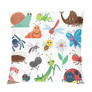 Personality  Vector Illustration Of Cute Insect Set. Cartoon Insects. Beetle, Butterfly, Bee, Snail. Cockroach Pillow Covers
