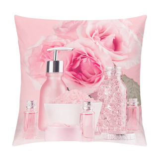 Personality  Bath Cosmetics Products, Romantic Bouquet, Accessories In Elegant Pastel Pink Color - Massage Rose Oil, Bath Salt, Cream, Soap, Perfume, Towel On White Wood Board. Pillow Covers