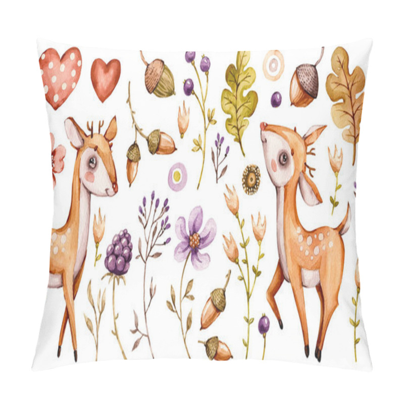 Personality  Cute Baby Deer. Forest Watercolor Nursery Cartoon Woodland Animals Deer, Forest Flowers Leaves. Adorable Nurseries Pillow Covers