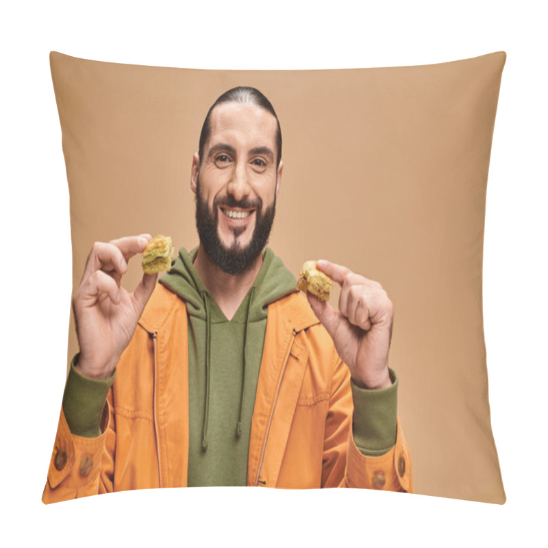 Personality  happy bearded man holding two different kinds of baklava on beige backdrop, turkish delights pillow covers
