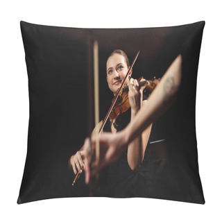 Personality  Smiling Professional Musicians Playing Classical Music On Violins On Dark Stage  Pillow Covers