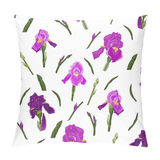 Personality  Seamless Pattern With Iris Flowers, Green Leaves, Buds On The Stem. Botanical Ornament On A White Background For The Design Of Fabric, Print, Wallpaper. Pillow Covers