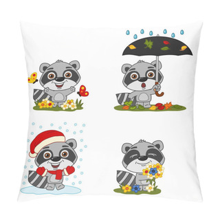 Personality  Set Of Charming Cartoon Characters Of Raccoons In Different Seasons  Pillow Covers