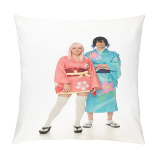 Personality  Anime Style Couple In Vibrant Traditional Attire And Wigs Looking At Camera On White, Full Length Pillow Covers