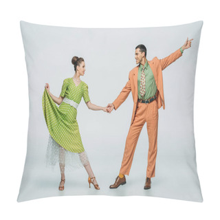Personality  Stylish Dancers Holding Hands And Looking At Each Other While Dancing Boogie-woogie On Grey Background Pillow Covers