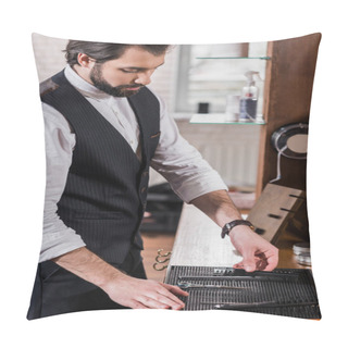 Personality  Handsome Young Barber Taking Tools From Rubber Mat On Workplace Pillow Covers