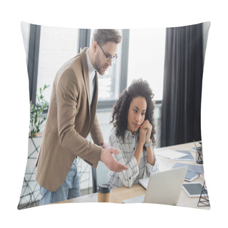 Personality  Businessman Pointing At Laptop Near African American Colleague In Office  Pillow Covers