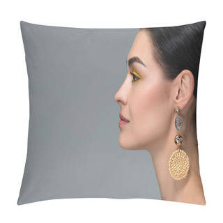 Personality  Side View Of Young Brunette Woman With Beautiful Earring Looking Away Isolated On Grey Pillow Covers