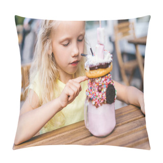 Personality  Selective Focus Of Adorable Little Kid Pointing By Finger On Dessert Table In Cafe  Pillow Covers