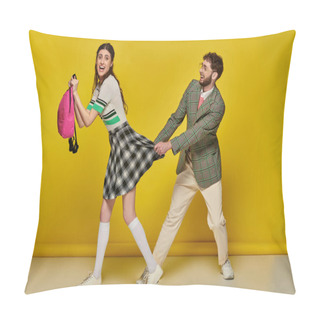 Personality  Funny Students, College Life, Happy Man Pulling Skirt Of Female Classmate On Yellow Backdrop, Run Pillow Covers