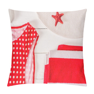 Personality  Top View Of Swimsuit Near Striped Towel, Sun Hat And Red Starfish On White Wooden Surface Pillow Covers