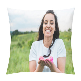 Personality  Happy Woman Standing And Holding Pink Powder In Hands Pillow Covers