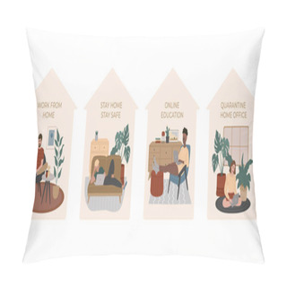 Personality  Set Of People Work And Study At Cozy Apartments During Quarantine, At Desk, On Bed, In Comfortable Armchair Or On The Carpet. Stay Home Stay Safe, Online Education. Vector Illustration, Flat Style. Pillow Covers