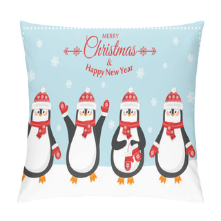 Personality  Merry Christmas And A Happy New Year. Lovely Postcard With Different Penguins In Caps Pillow Covers