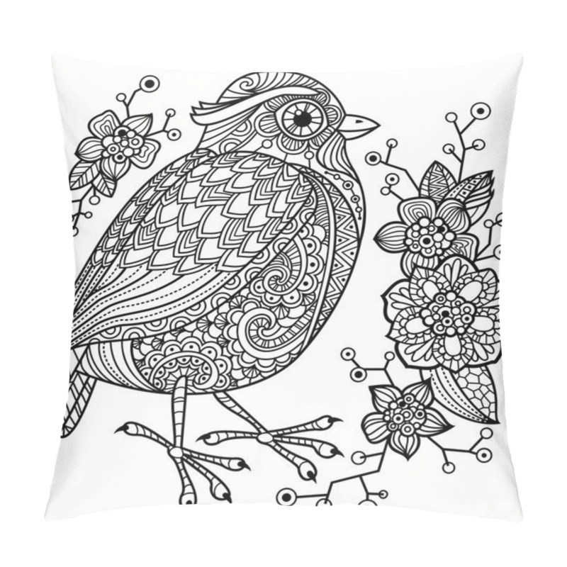 Personality  Coloring page with a bird and flowers. pillow covers