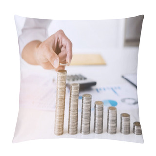 Personality  Business Accountant Or Banker, Businessman Calculate And Analysis With Stock Financial Indices And Putting Growth Stacking Coin And Financial Costs Wisely And Carefully, Investment And Saving Concept. Pillow Covers