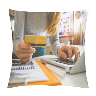 Personality  Business Woman Hands Using Smartphone And Holding Credit Card With Digital Layer Effect Diagram As Online Shopping Concept Pillow Covers