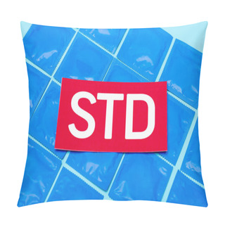 Personality  Top View Of Red Paper With Std Lettering On Packs With Condoms Isolated On Blue Pillow Covers