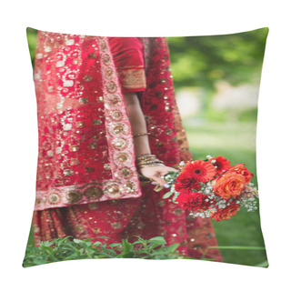 Personality  Cropped View Of Indian Bride In Red Sari And Traditional Headscarf With Ornament Holding Flowers Pillow Covers