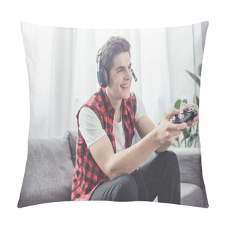 Personality  Happy Teenager With Headset Playing Video Game With Joystick At Home Pillow Covers