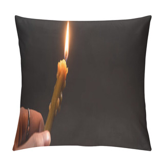 Personality  Cropped View Of Woman Holding Burning Church Candle In Dark, Panoramic Shot Pillow Covers