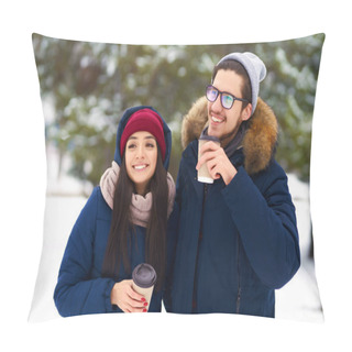 Personality  Happy Couple With Coffee In Winter Forest. The Man And The Woman Have A Rest In The Winter Park. Young Friends In Winter Style Clothes Standing Among Snowy Trees And Enjoying First Snow.  Pillow Covers