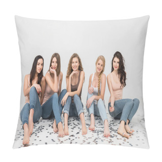 Personality  Cheerful Girls Sitting On Floor Near Confetti Stars Isolated On Grey Pillow Covers