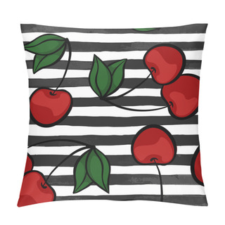 Personality  Seamless Background With Cherry On Black And White Watercolor Stripes . Design For Holiday Greeting Card And Invitation Of Seasonal Summer Holidays, Summer Beach Parties, Tourism And Travel. Pillow Covers
