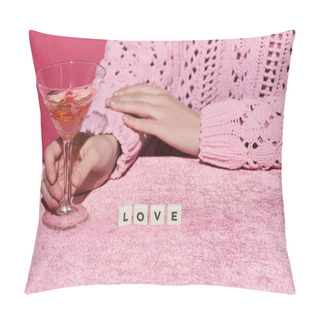 Personality  Cropped View Of Woman Holding Glass Of Rose Wine Near Cubes With Love Lettering On Velour Cloth Isolated On Pink, Girlish Concept  Pillow Covers