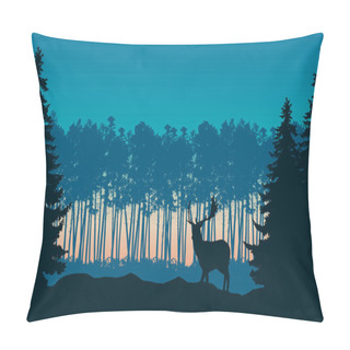 Personality Realistic Illustration Of Landscape With Coniferous Forest And Morning Blue Sky With Rising Sun. Deer With Antlers Standing. Suitable As Advertising For Hunting Or Nature - Vector Pillow Covers