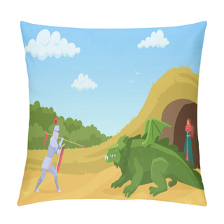 Personality  Fight With Dragon Vector Illustration, Cartoon Flat Knight Warrior In Armor With Spear And Shield Fighting With Green Fantasy Creature Monster Dragon Pillow Covers