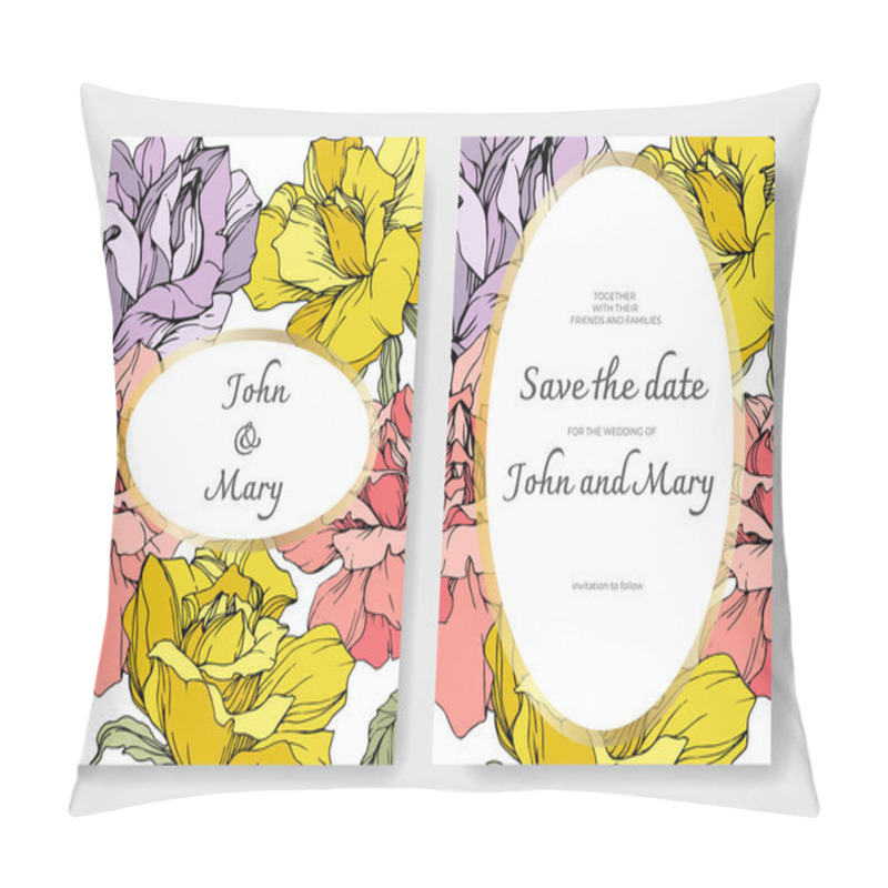 Personality  Beautiful rose flowers on cards. Wedding cards with floral decorative borders. Thank you, rsvp, invitation elegant cards illustration graphic set. Engraved ink art. pillow covers