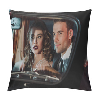 Personality  Selective Focus Of Happy Man Touching Steering Wheel And Sitting Near Attractive Woman In Retro Car  Pillow Covers