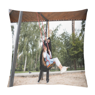 Personality  Cheerful Muslim Mother In Hijab Standing Near Daughter On Swing In Park  Pillow Covers
