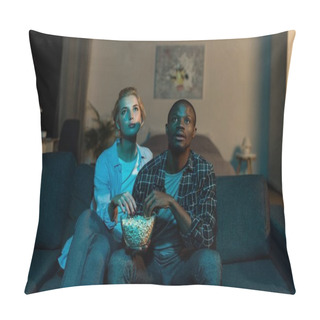 Personality  Portrait Of Young Multiethnic Couple Watching Film Together On Sofa At Home Pillow Covers