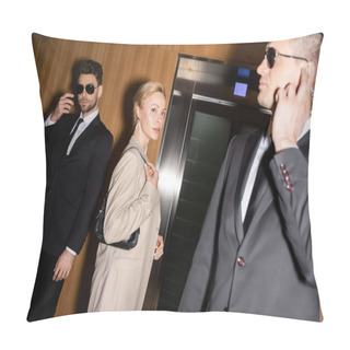 Personality  Personal Security And Protection Concept, Successful Blonde Woman With Handbag Standing Near Elevator Next To Bodyguards In Suits And Sunglasses, Luxury Hotel, Female Guest  Pillow Covers